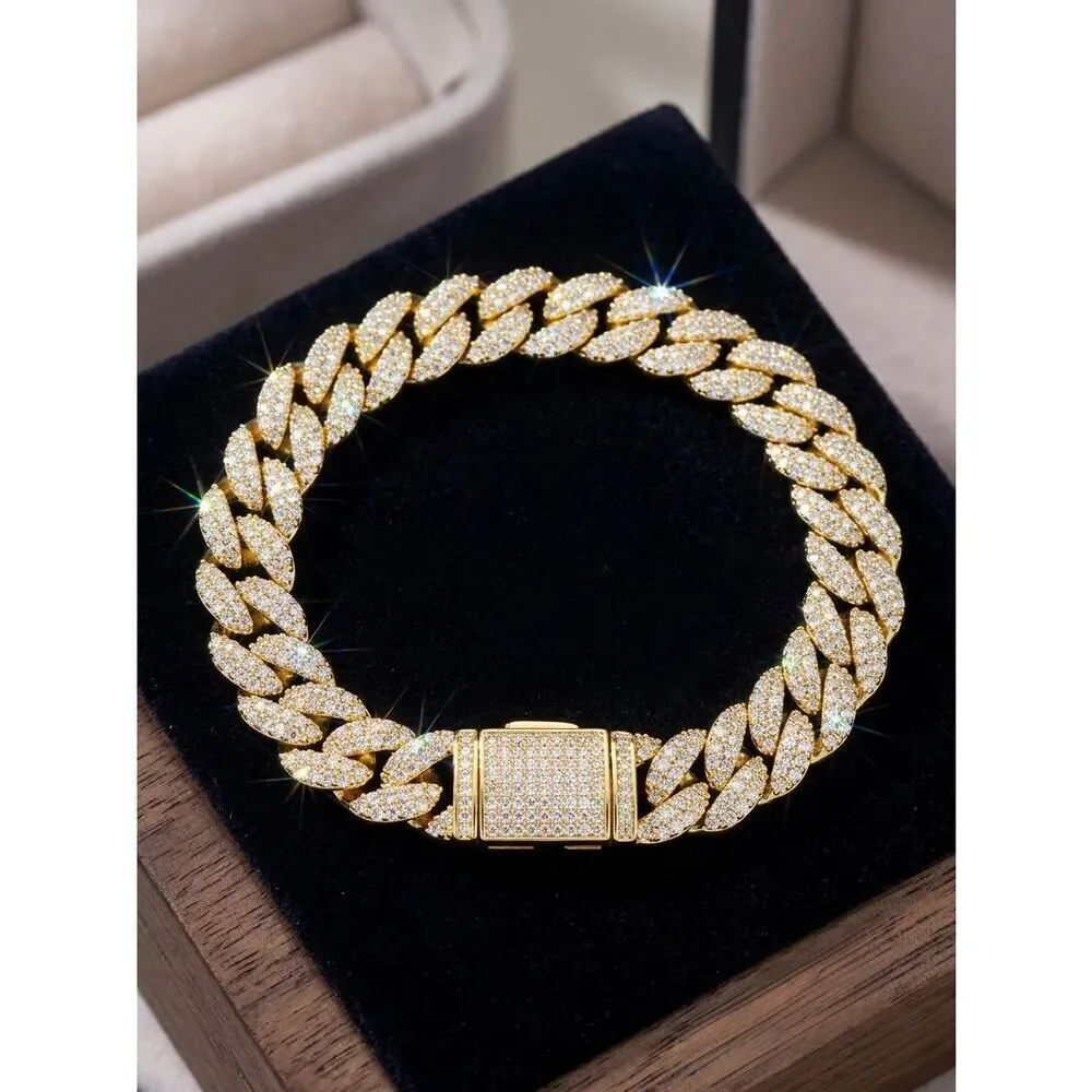 Luxury Gold Vermeil Moissanite Iced Out Cuban Link Bracelet 8" 8mm Box Clasp